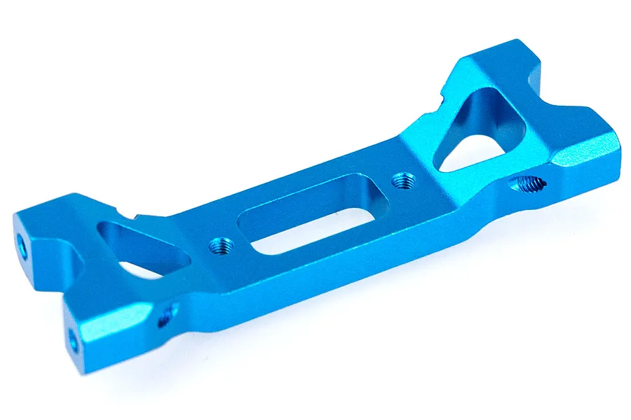 A blue anodized aluminium RC chassis brace component with triangular cutouts and multiple screw holes.