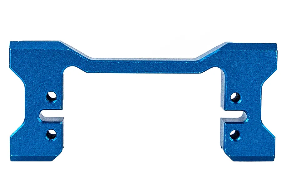 A blue anodized aluminium RC chassis brace with mounting holes and slots, shown against a white background.
