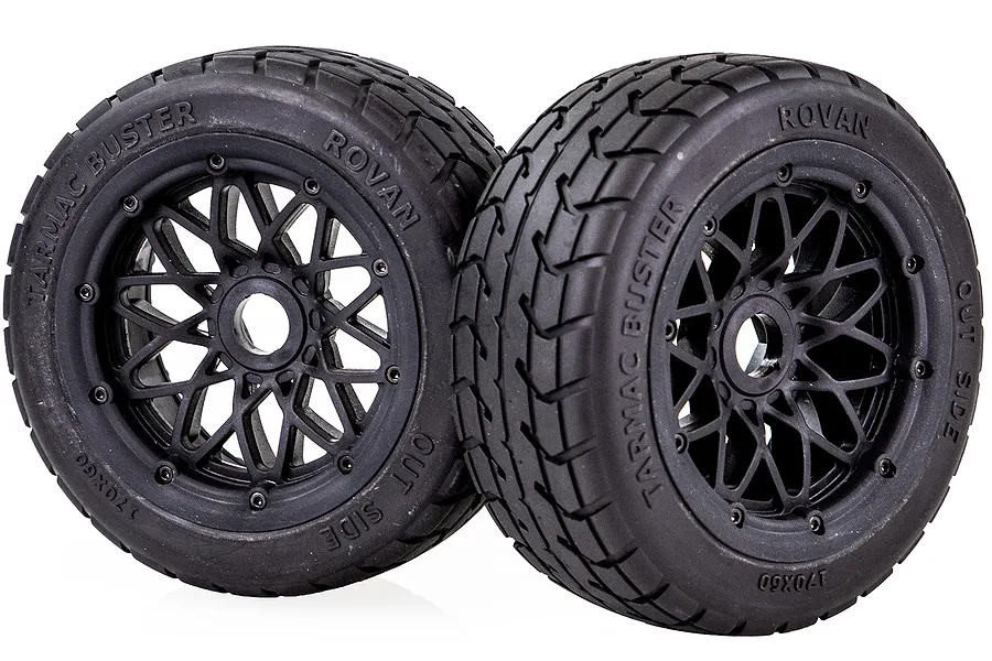 Rovan 4.7/5.5&amp;quot; Baja 5B Front Tarmac Buster Tyres on Black Mesh Rims - Beadlocked Wheels 2Pcs image 36165