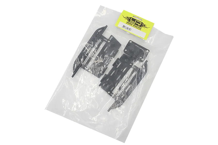 Yeah Racing black steel side step rock rails and receiver box for SCX10 II in original plastic packaging with yellow header card.