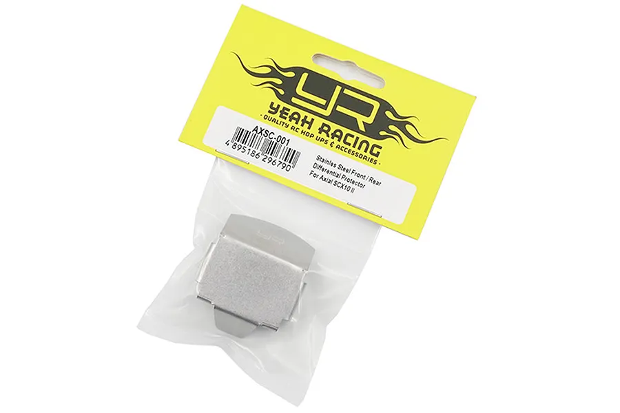 Yeah Racing stainless steel differential skid plate for Axial SCX10 II in original retail packaging.