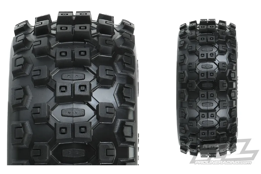 Two Pro-Line Badlands MX short course RC tyres shown from front and side angles against a white background.