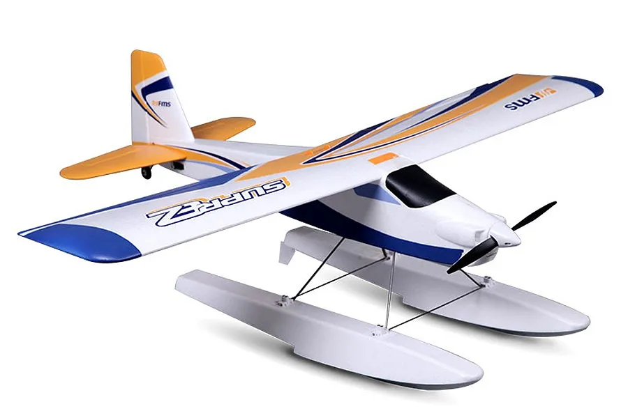 FMS Super EZ V3 1.2m RC seaplane trainer with white, blue, and orange livery, mounted on floats against a white background.