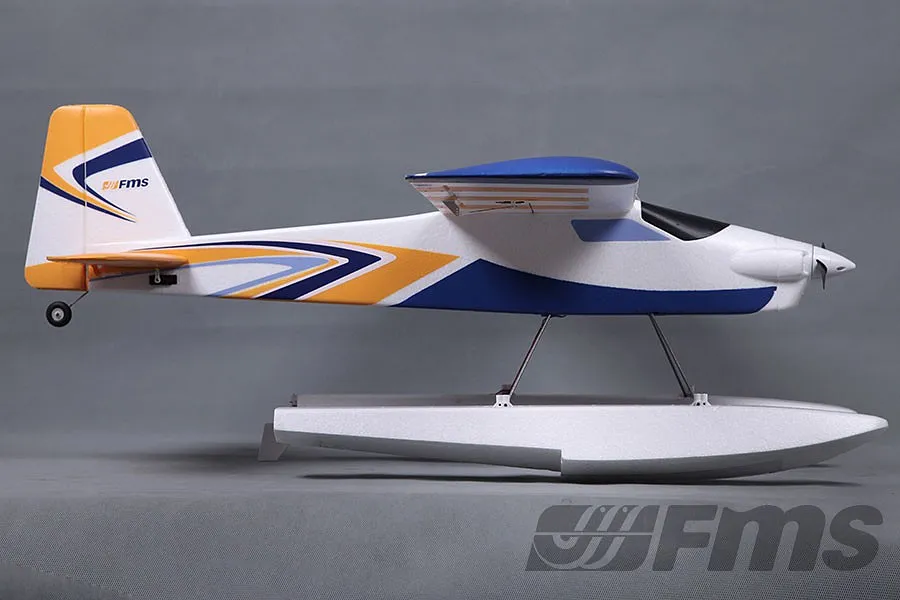 Side profile of the FMS Super EZ V3 RC seaplane in white, blue, and yellow livery, mounted on floats against a grey background.