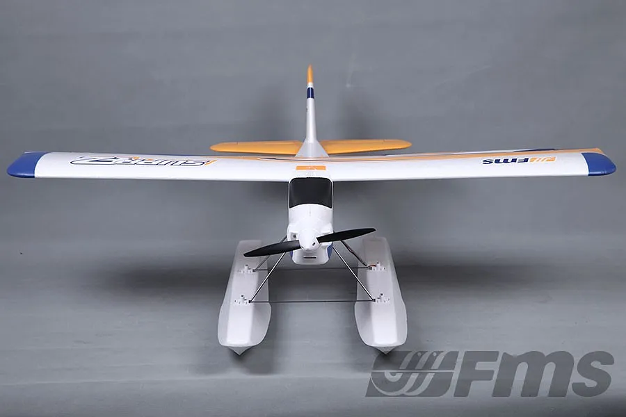 Front view of the FMS Super EZ V3 RC seaplane, featuring a white, yellow, and blue color scheme with floats attached.