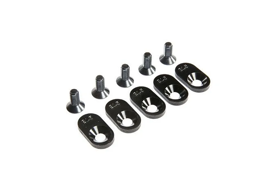Five black metal engine mount inserts and five matching black countersunk screws arranged in two rows on a white background.