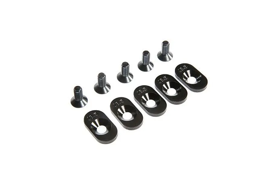 Losi 5IVE-T 2.0 engine mount inserts and screws set, featuring five black oval-shaped metal inserts and five matching flat-head screws.