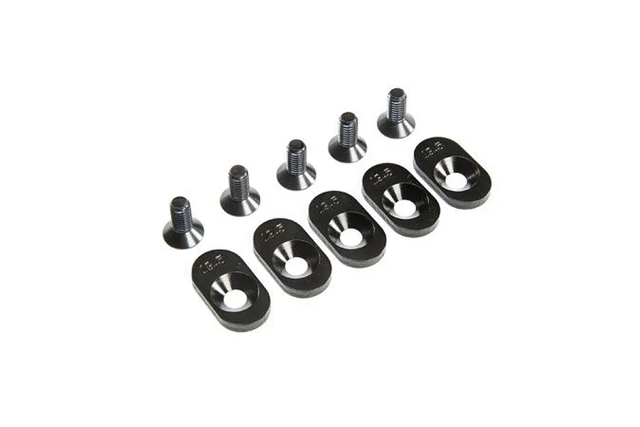 Five black metal engine mount inserts and five matching flat-head screws for Losi 5IVE-T 2.0 RC car.