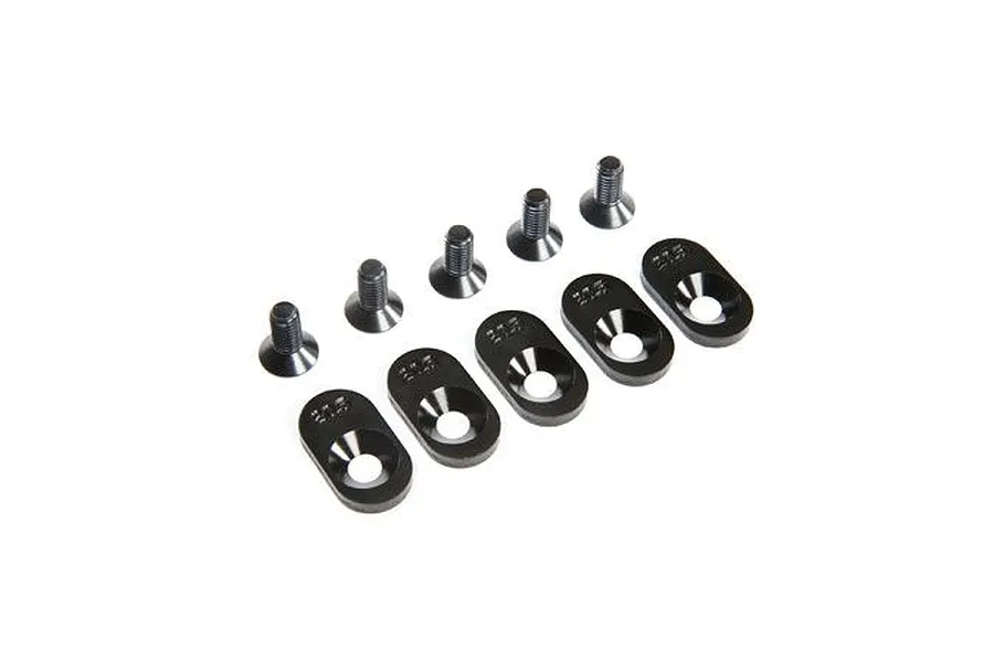 Five black metal engine mount inserts and five matching flat-head screws for a Losi 5IVE-T 2.0 RC car.
