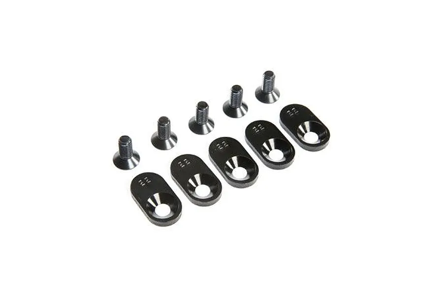 A set of five black engine mount inserts and five matching black countersunk screws for Losi 5IVE-T 2.0 RC vehicles.