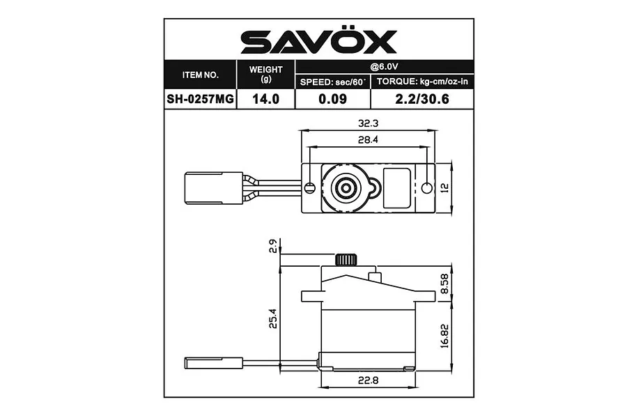 Technical diagram showing the dimensions and specifications of the Savox SH-0257MG micro servo.