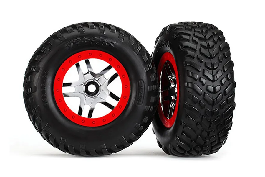 Traxxas 2.2/3.0&amp;quot; Off Road Tyres on Satin Chrome/Red Rims - Glued Wheels 2Pcs image 36600