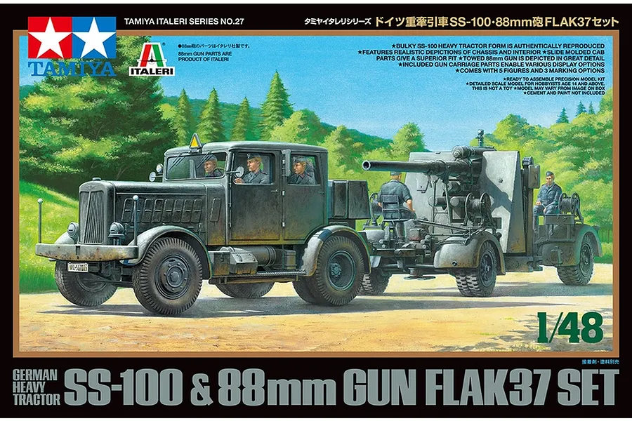 Tamiya 1/48 German SS-100 Heavy Truck w/ 88mm Flak 37 Gun Scaled Plastic Model Kit image 37096