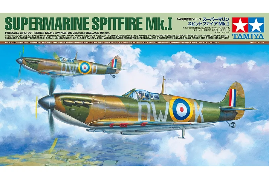 Tamiya 1/48 Supermarine Spitfire Mk.I Fighter Scaled Plastic Model Kit image 37101