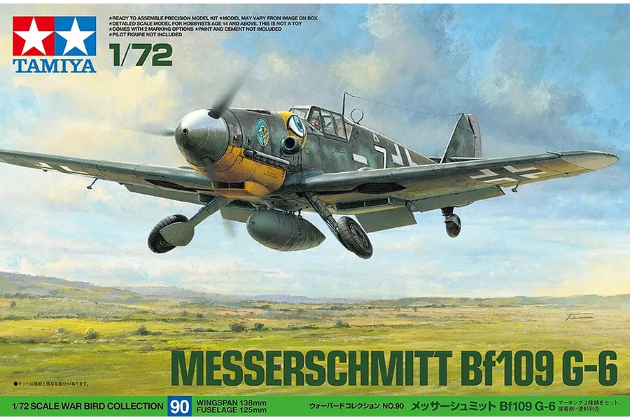 Box art for Tamiya 1/72 scale Messerschmitt Bf109 G-6 model kit showing a painted illustration of the fighter plane in flight over a landscape.