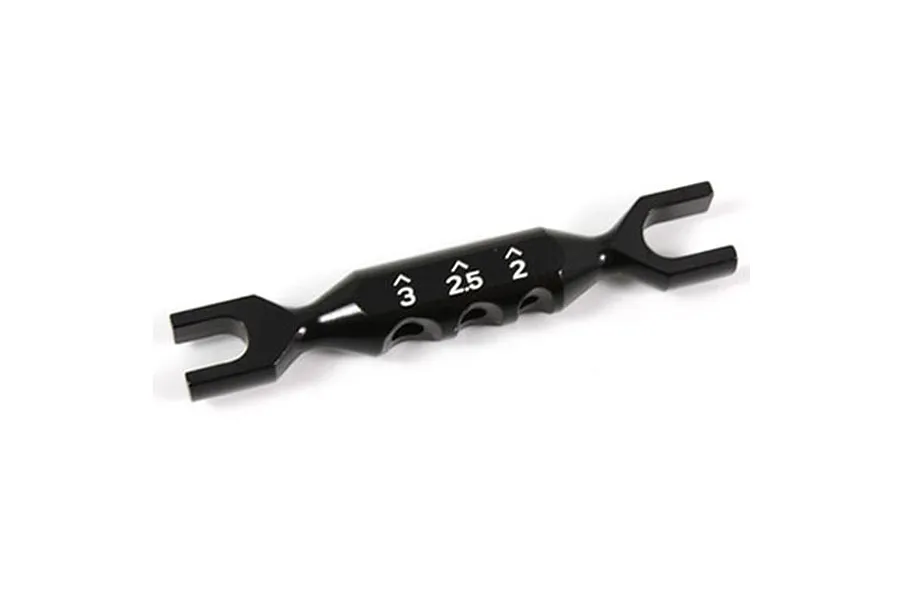 A black aluminium 4-in-1 multi-purpose turnbuckle spanner tool with size markings 3, 2.5, and 2 printed on the handle.