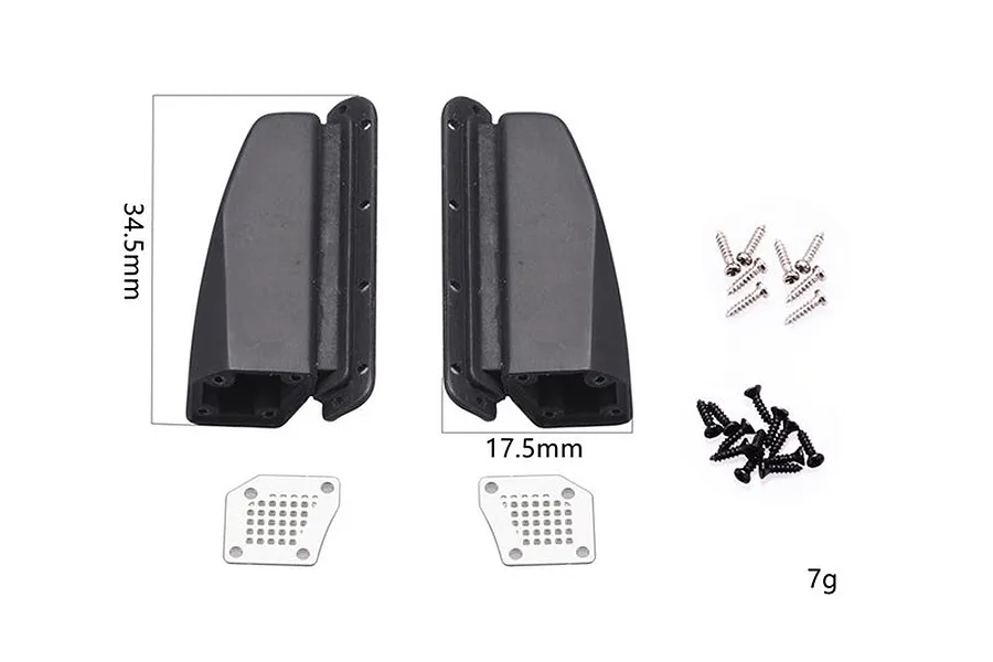 GPM Racing black fender vents for TRX-4 Ford Bronco with included metal mesh inserts and mounting screws, shown with dimension labels.