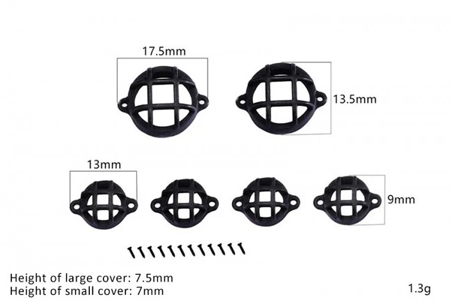 A set of six black circular light guards with grid patterns, including two large and four small pieces, with mounting screws and dimension labels.