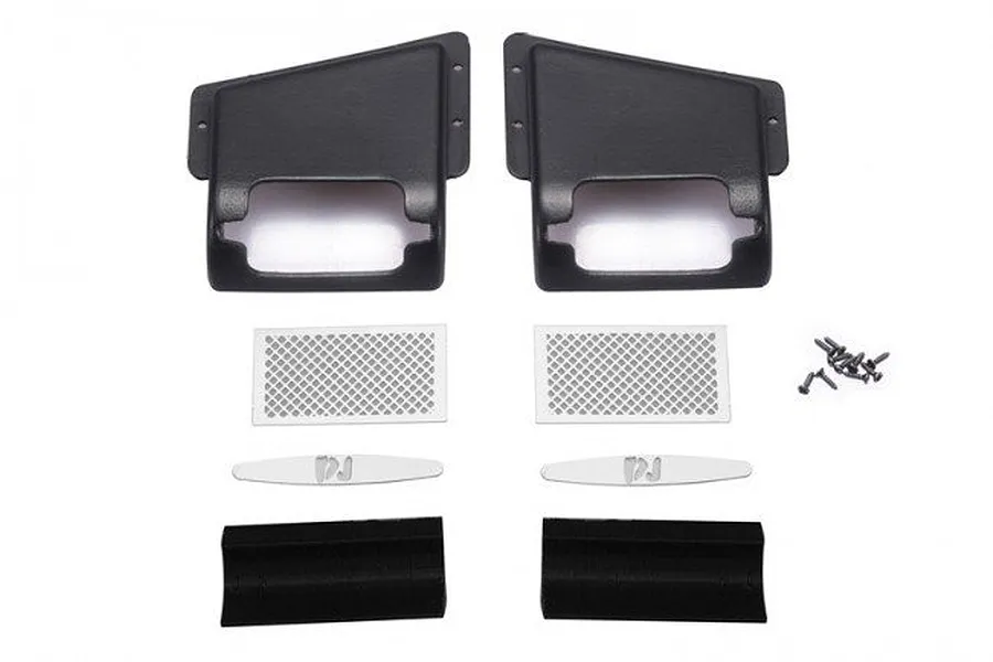 GPM Racing fender vent kit for Traxxas TRX-4 Defender, including black plastic vents, silver mesh inserts, and mounting screws.