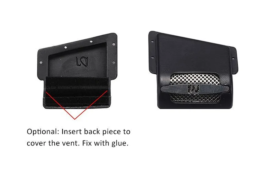 Two black fender vent components for a Traxxas TRX-4, showing the front mesh grille and an optional back cover piece with instructional text.