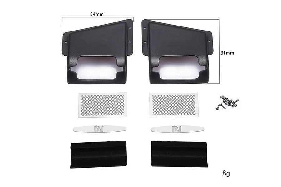 GPM Racing fender vent kit for Traxxas TRX-4 Defender, including black plastic vents, metal mesh inserts, and mounting hardware.