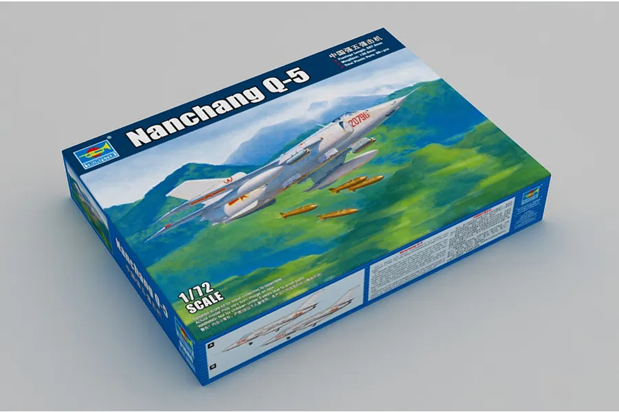 Trumpeter 1/72 scale Nanchang Q-5C jet model kit box featuring an illustration of the aircraft flying over a mountainous landscape.