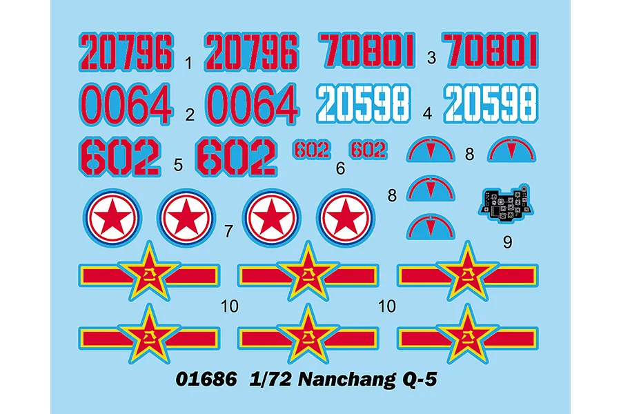 A decal sheet for the Trumpeter 1/72 Nanchang Q-5C model kit, featuring various identification numbers, national insignia, and instrument panel details.