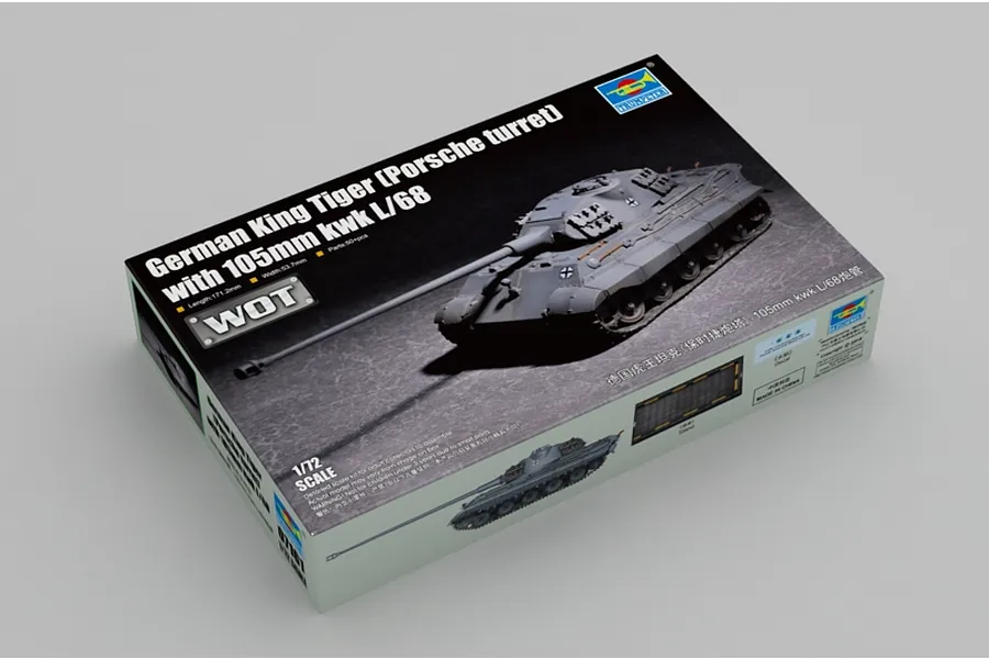 Trumpeter 1/72 scale German King Tiger Porsche Turret tank model kit box showing a finished model on the cover.