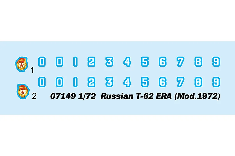 A decal sheet for the Trumpeter 1/72 Russian T-62 ERA (Mod. 1972) model kit, featuring two rows of numbers 0-9 and two Soviet-style emblem decals.