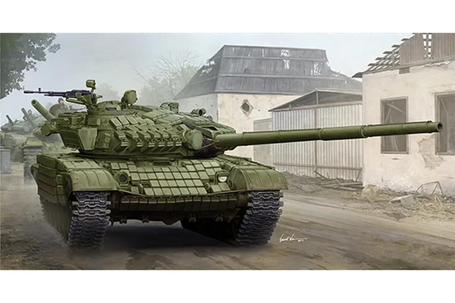 An artistic illustration of a Russian T-72A main battle tank moving down a dusty road past damaged buildings.