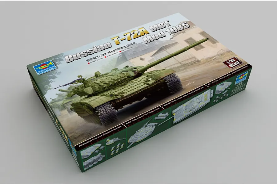 Trumpeter 1/35 scale Russian T-72A Mod 1985 Main Battle Tank plastic model kit box on a plain background.