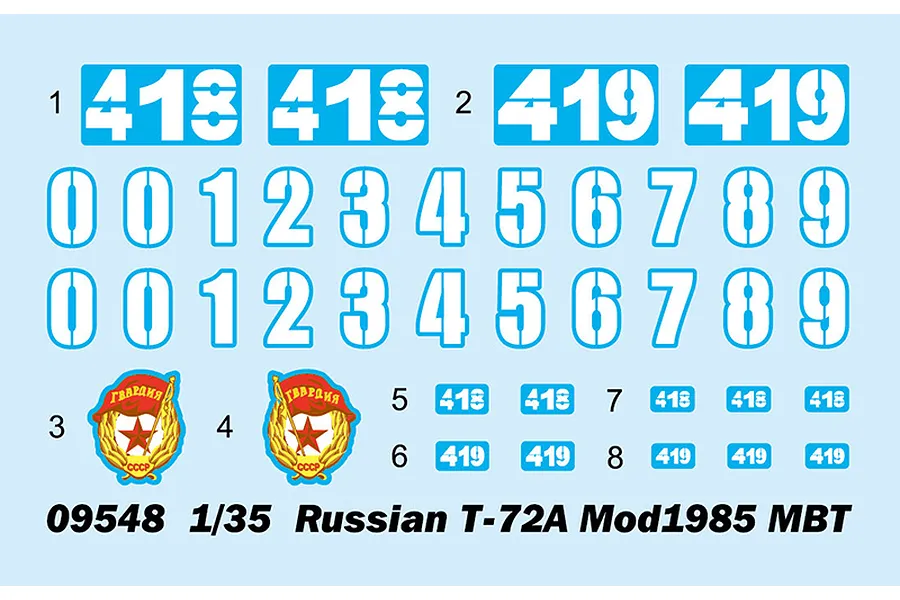A decal sheet for a 1/35 scale Trumpeter Russian T-72A model kit, featuring various tank identification numbers and Soviet Guard emblems.
