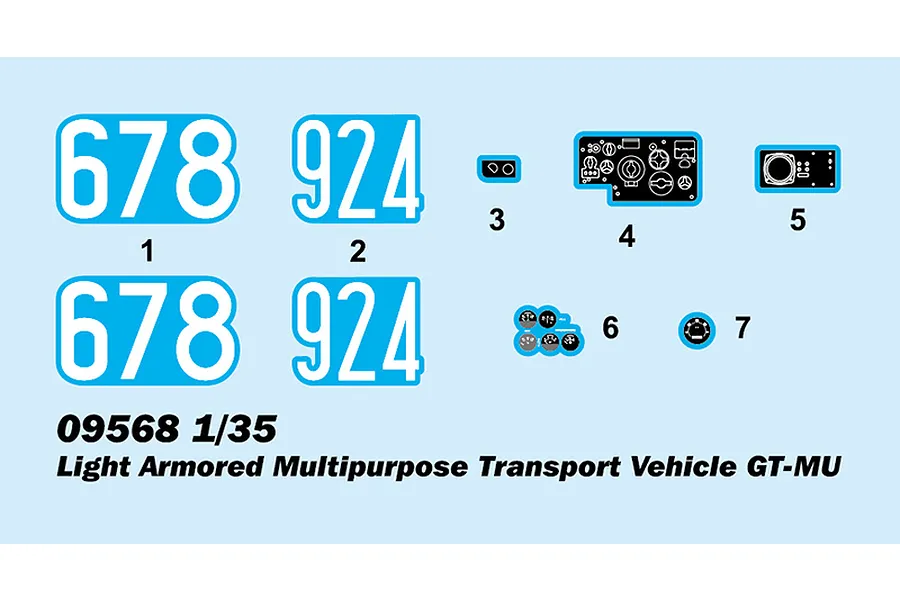 A decal sheet for a 1/35 scale Trumpeter GT-MU model kit, featuring numbers 678 and 924, and various vehicle instrument panel graphics.