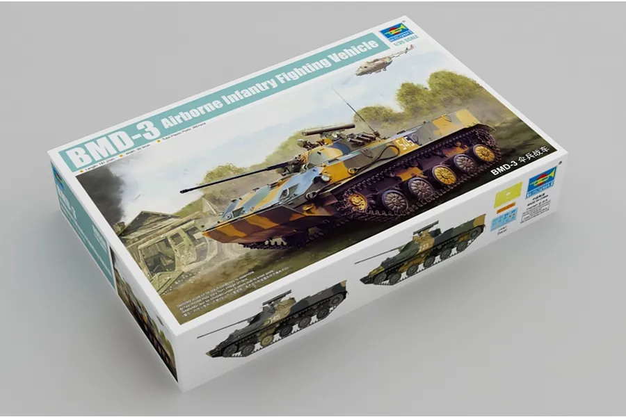 A product box for a Trumpeter 1/35 scale BMD-3 Airborne Infantry Fighting Vehicle plastic model kit, featuring box art of the tank in a field.