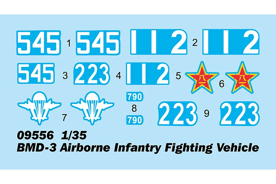 A decal sheet for a 1/35 scale Trumpeter BMD-3 model kit featuring various numbers, red star insignias, and parachute emblems on a light blue background.