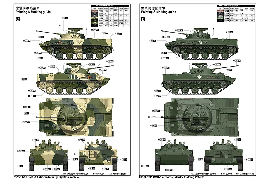 Painting and marking guide for a 1/35 scale Trumpeter BMD-3 model kit, showing camouflage patterns and color references for two different vehicle variants.