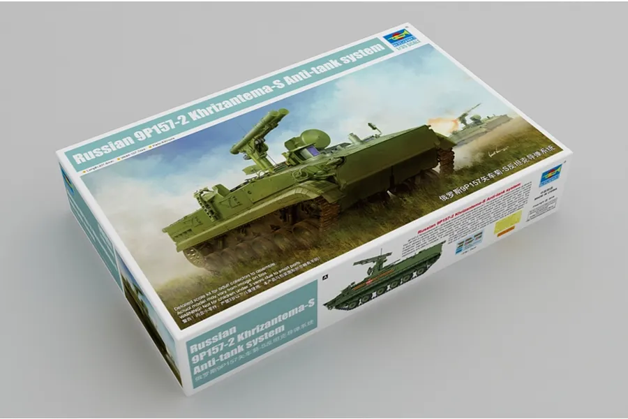 A product box for the Trumpeter 1/35 scale Russian 9P157-2 Khrizantema-S Anti-Tank System model kit, showing box art of the vehicle in a field.