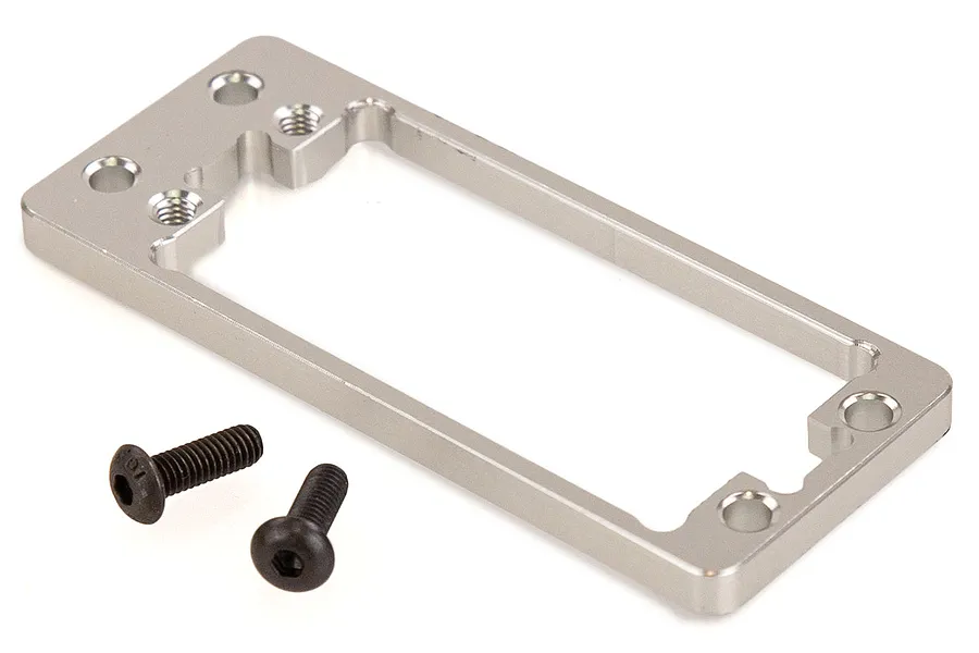 A silver aluminium RC steering servo mount plate with two black hex screws on a white background.