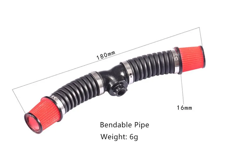 A 1/10 scale RC engine air intake assembly with two red pod filters and a black flexible pipe, shown with dimension annotations.