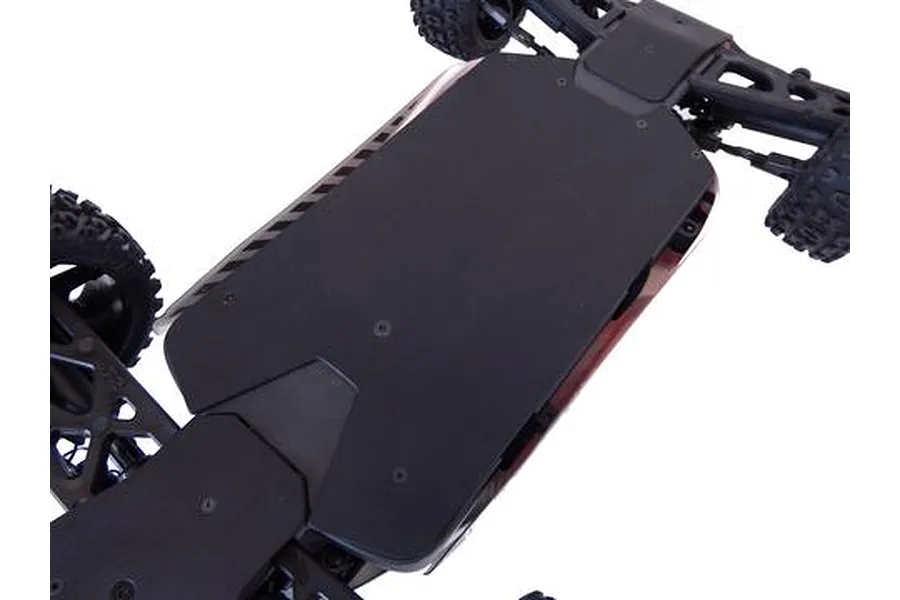 A black T-Bone Racing chassis skid plate installed on the underside of an ARRMA RC vehicle chassis.