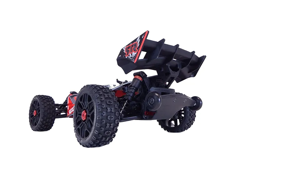 Rear view of an ARRMA Typhon 3S RC buggy featuring a T-Bone Racing black wheelie bar installed on the rear chassis.