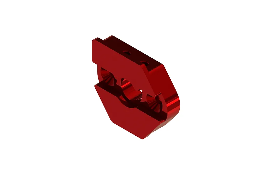 A red anodized aluminium sliding motor mount for ARRMA RC vehicles, shown from an isometric angle against a white background.