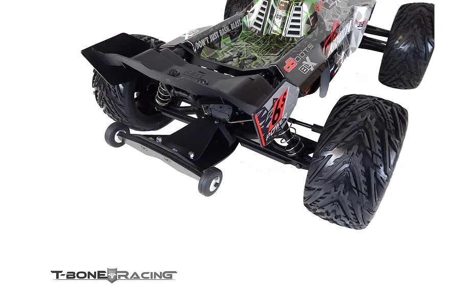 T-Bone Racing wheelie bar installed on the rear of an ARRMA Kraton RC truck against a white background.