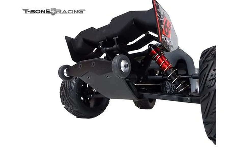 Rear view of an ARRMA Kraton RC truck showing the T-Bone Racing wheelie bar installed on the chassis.