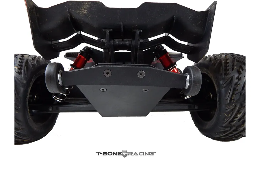 Rear view of an ARRMA Kraton RC truck featuring a T-Bone Racing wheelie bar installed, showing the black skid plate and two small wheels.