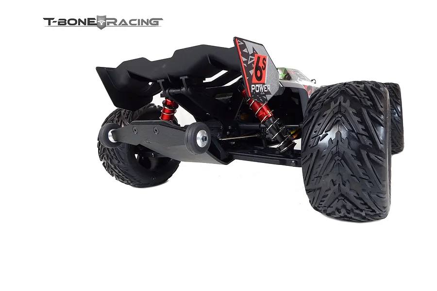 Rear view of an ARRMA Kraton RC truck featuring a T-Bone Racing wheelie bar installed on the chassis.