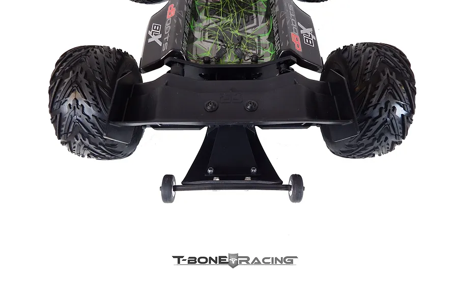 A T-Bone Racing wheelie bar installed on the rear of an ARRMA Kraton RC truck, shown from a top-down perspective against a white background.