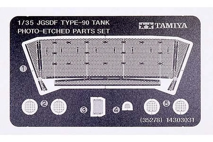 A Tamiya 1/35 scale photo-etched metal detail parts set for the JGSDF Type 90 tank, featuring mesh engine deck screens and small circular components.