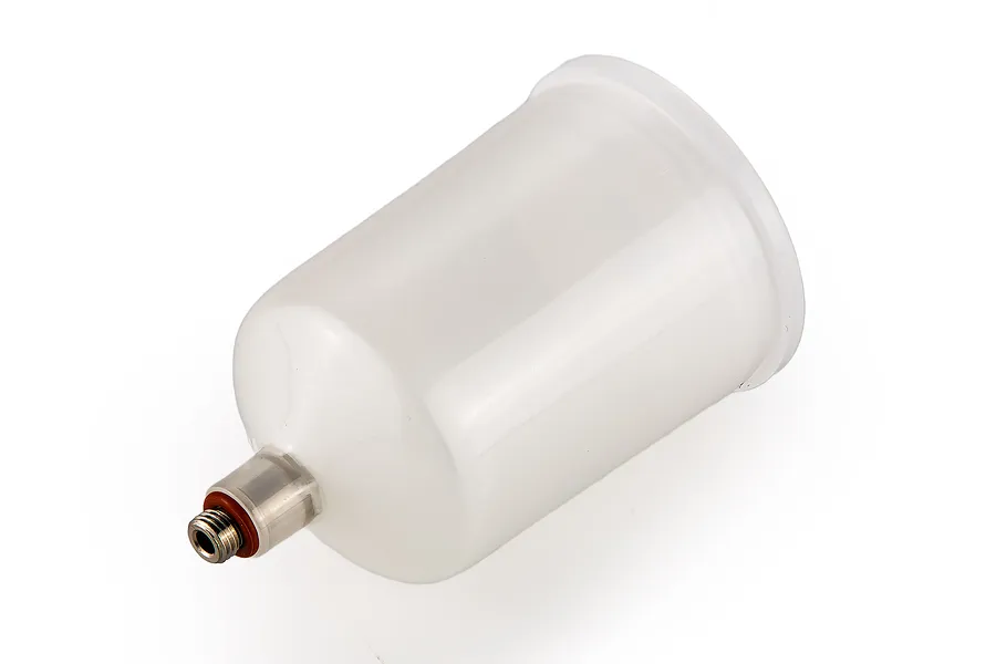 A Tamiya Spray Work 40cc airbrush paint cup made of translucent white plastic with a metal threaded connector.