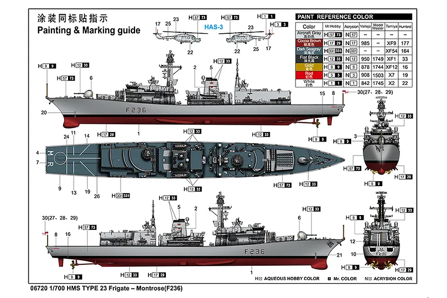 Painting and marking guide for the Trumpeter 1/700 HMS Montrose F236 Type 23 Frigate model kit, showing side, top, and rear views with color references.